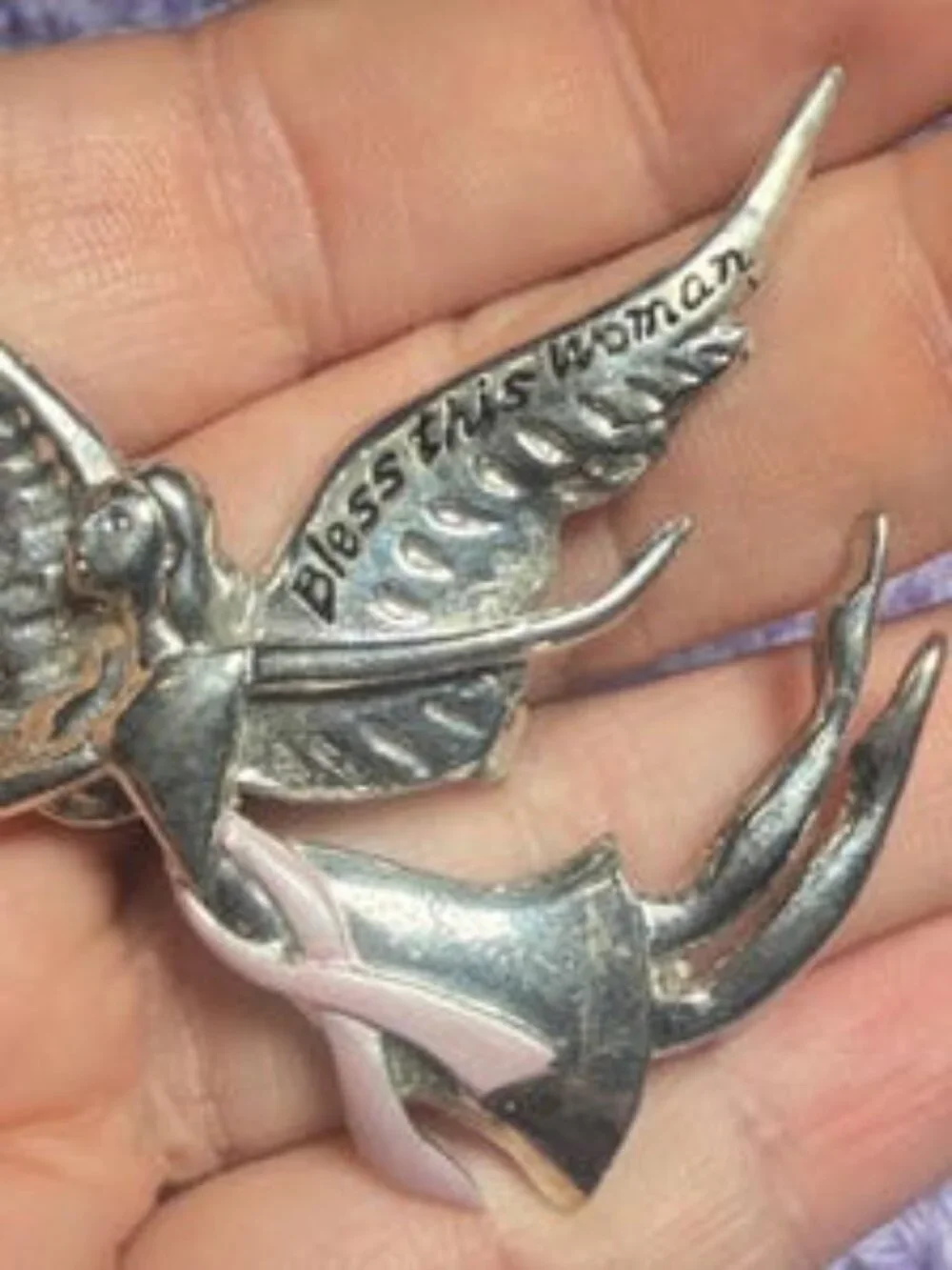 Angel Brooch Bless This Woman Breast Cancer Ribbon Vintage Pin 3 inches
